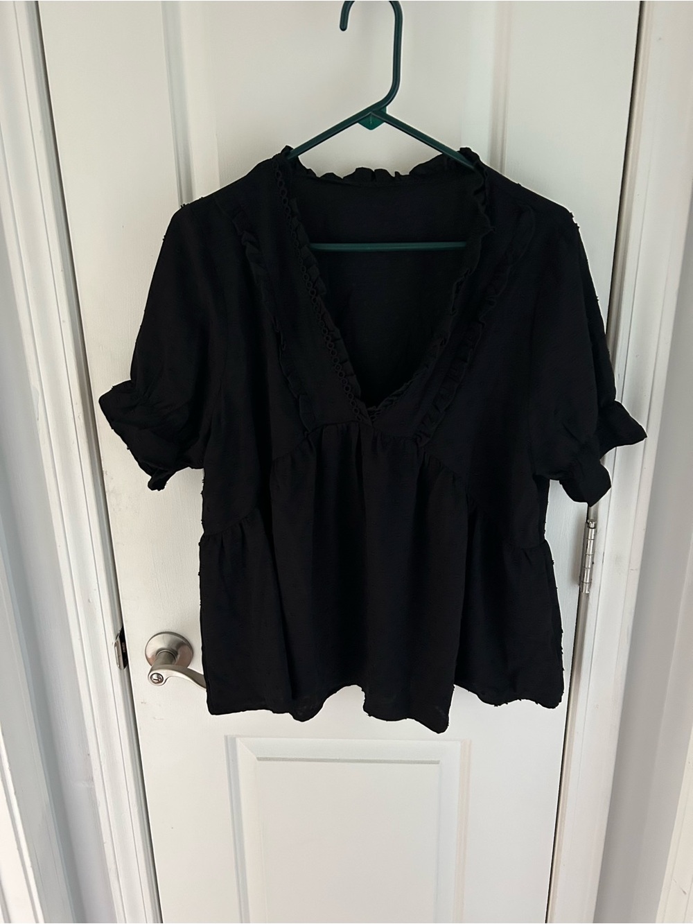 Women's Black V-Neck Ruffle Trim Blouse